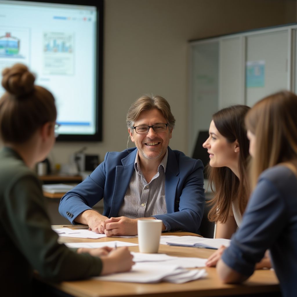 Profesor y estudiantes en un taller práctico